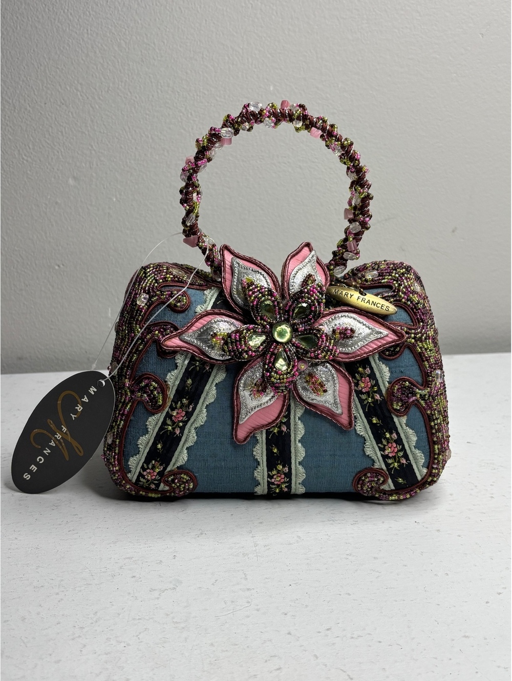 Vintage Rare Retired Mary Frances Beaded 3D Pink & Silver Flower Statement Purse